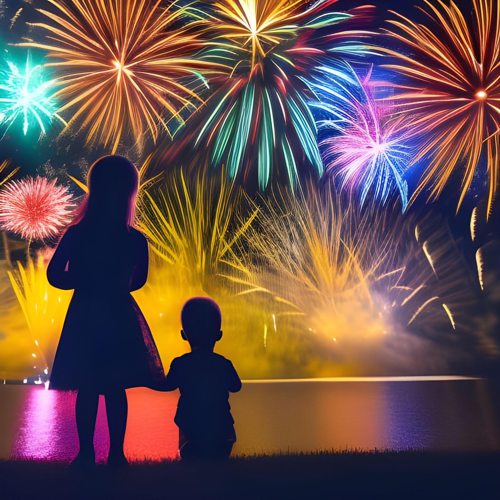 Brother and sister watching the fireworks