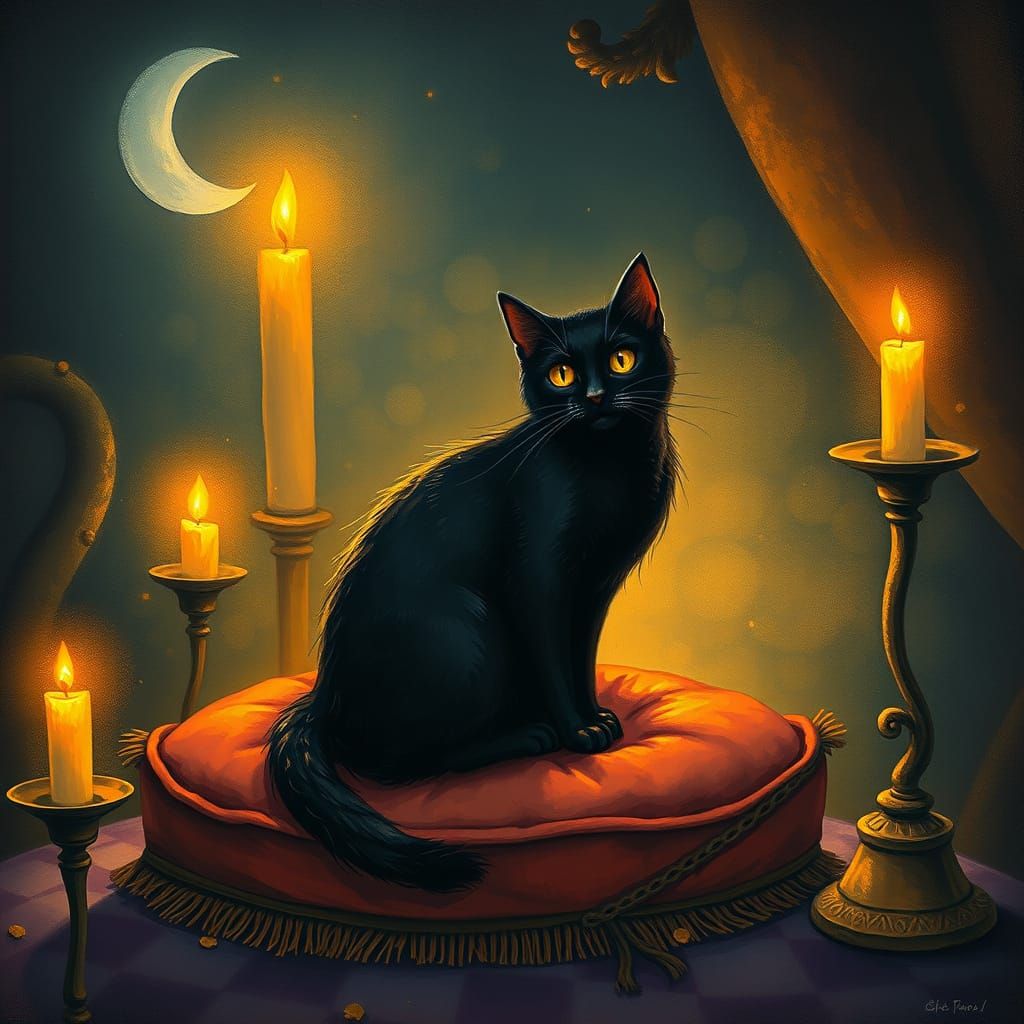 Whimsical Black Cat in Warm Candlelight
