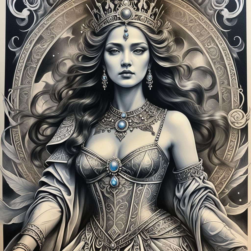 Empress Tarot Card in Detailed Charcoal Drawing