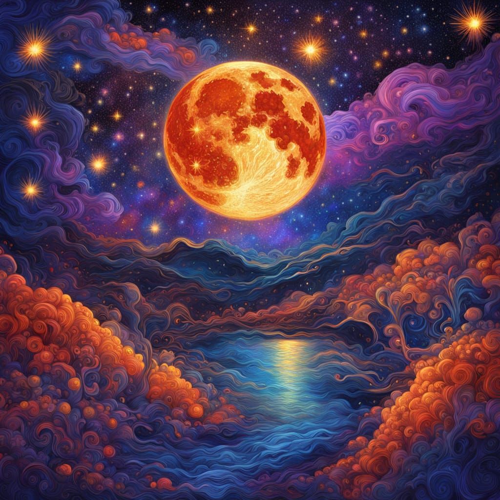 Cosmic Blood Moon Illuminates the Starry Night