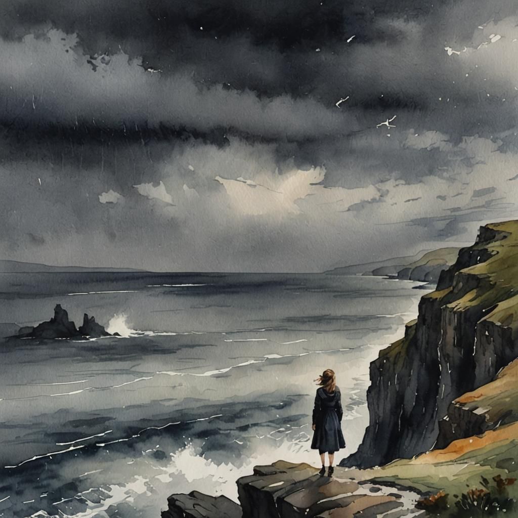 Woman on Cliff in Stormy Weather: Watercolour Painting