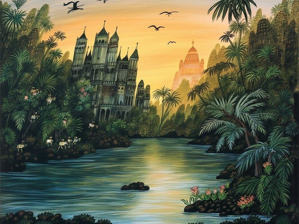 Enchanted Ruins Reflected in Sunset Jungle Lake with Tropica...