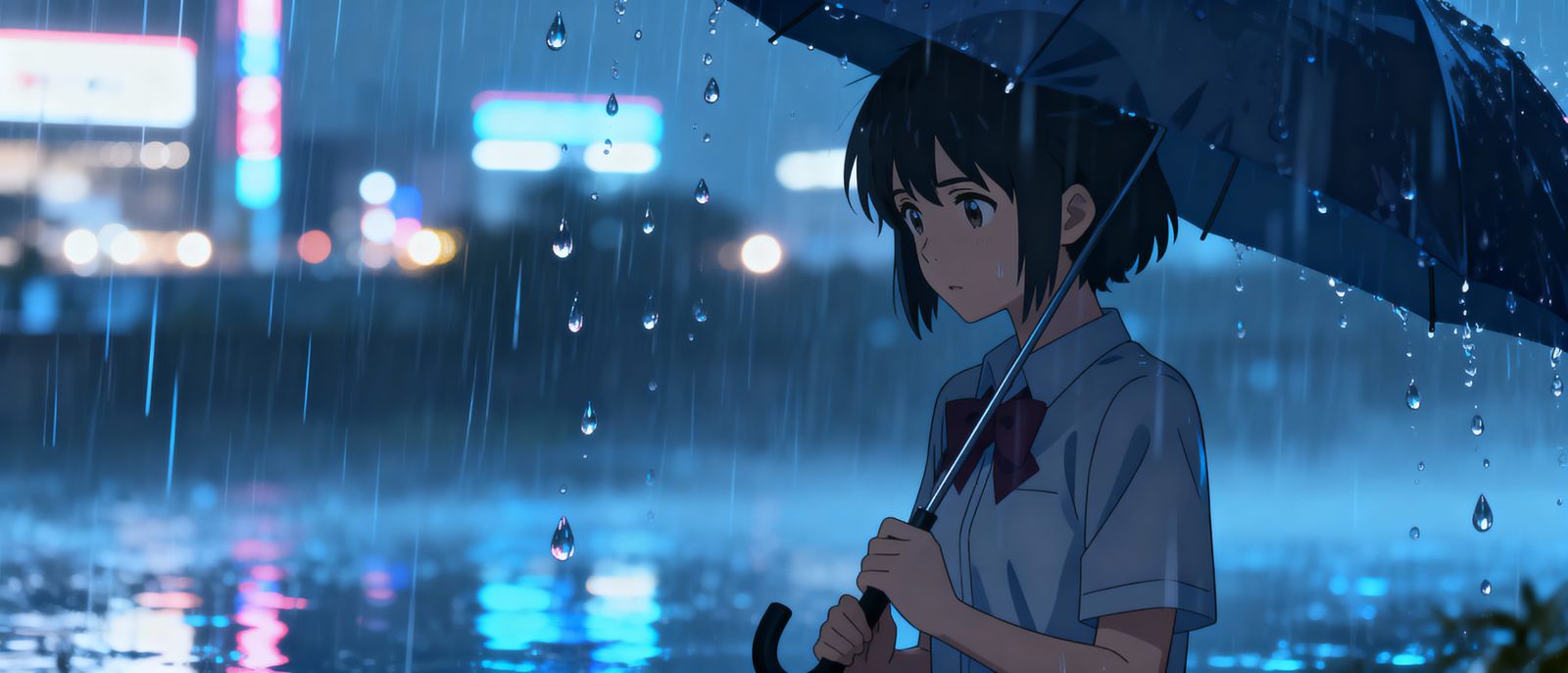 Anime Character Under Umbrella in Neon City Rain