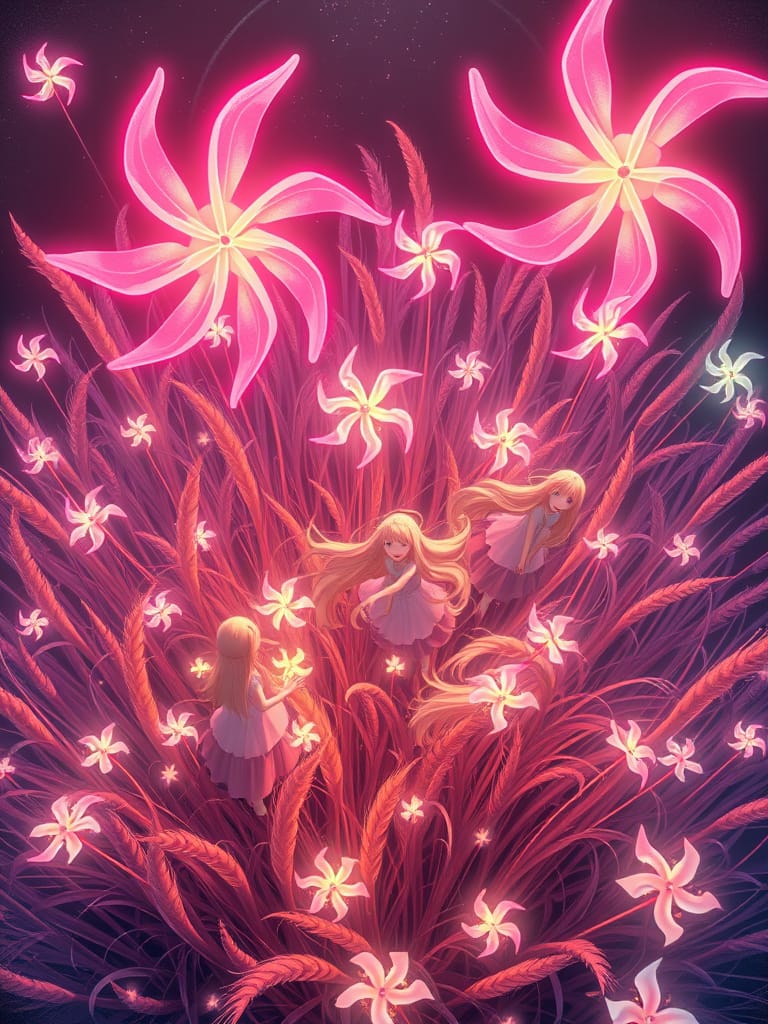 Anime Girls in Bioluminescent Meadow with Neon Pinwheels
