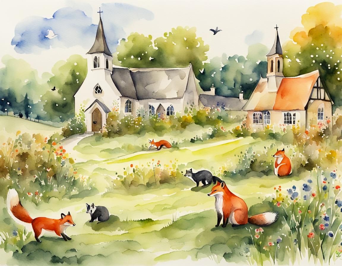 Watercolor Illustration of English Meadow Scene