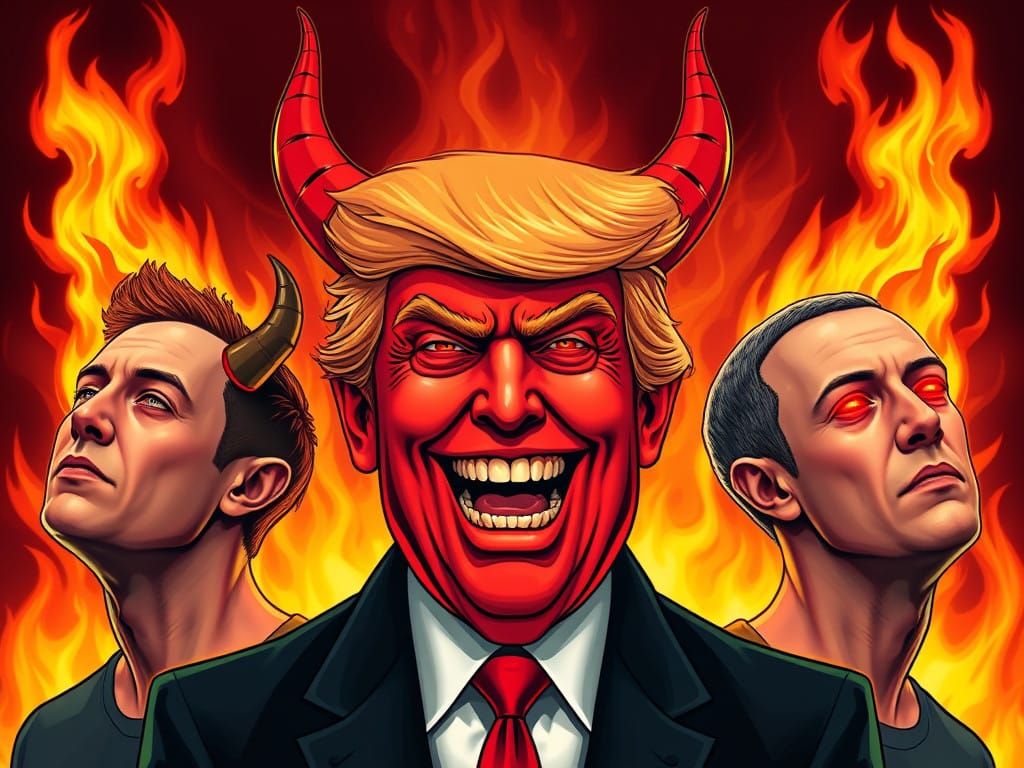Surreal Devilish Trump Surrounded by Cybernetic Demons in Fl...