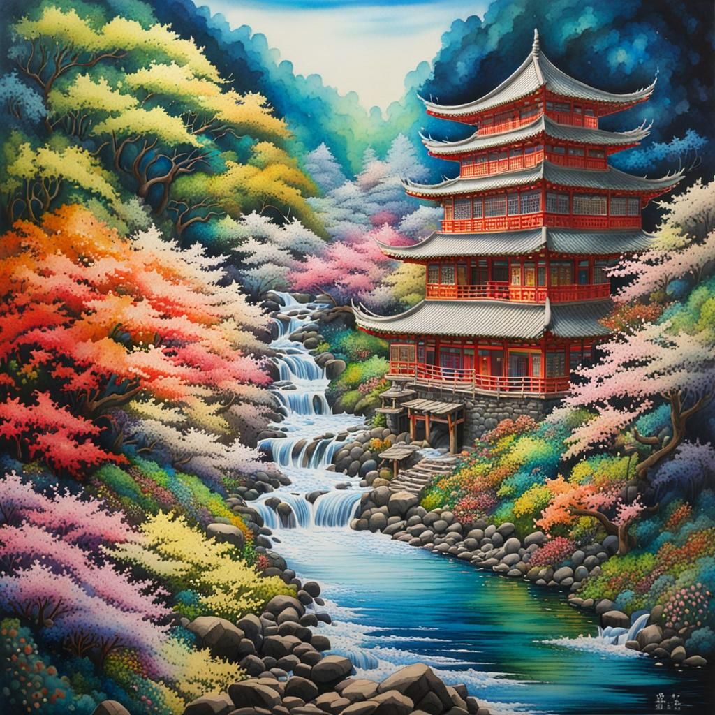 Spring River: Asian Manga Watercolor Diorama