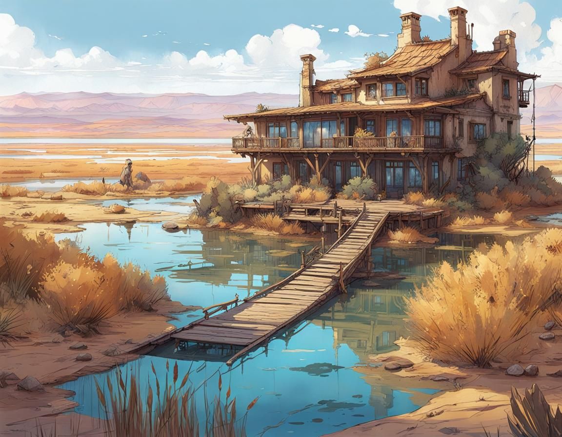 Aetherpunk Villa in Flooded Desert Wetland, Detailed Ink Dra...