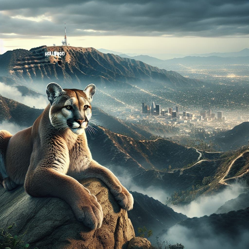 Majestic Mountain Lion Conquers Hollywood Cityscape in Epic....