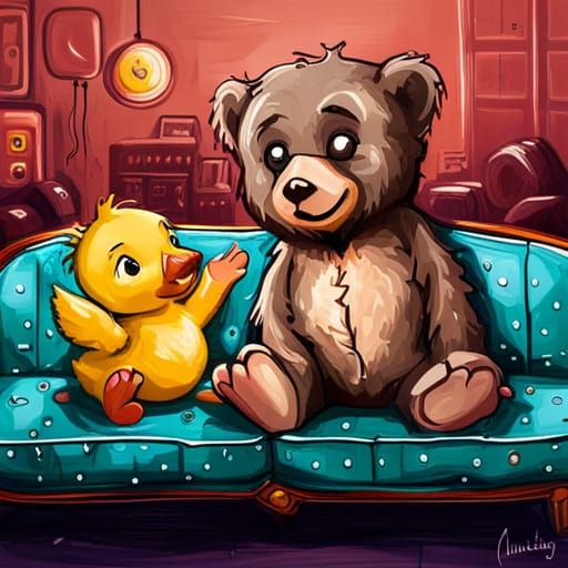 Duckling and Bear Cuddle: Graffiti Art Style