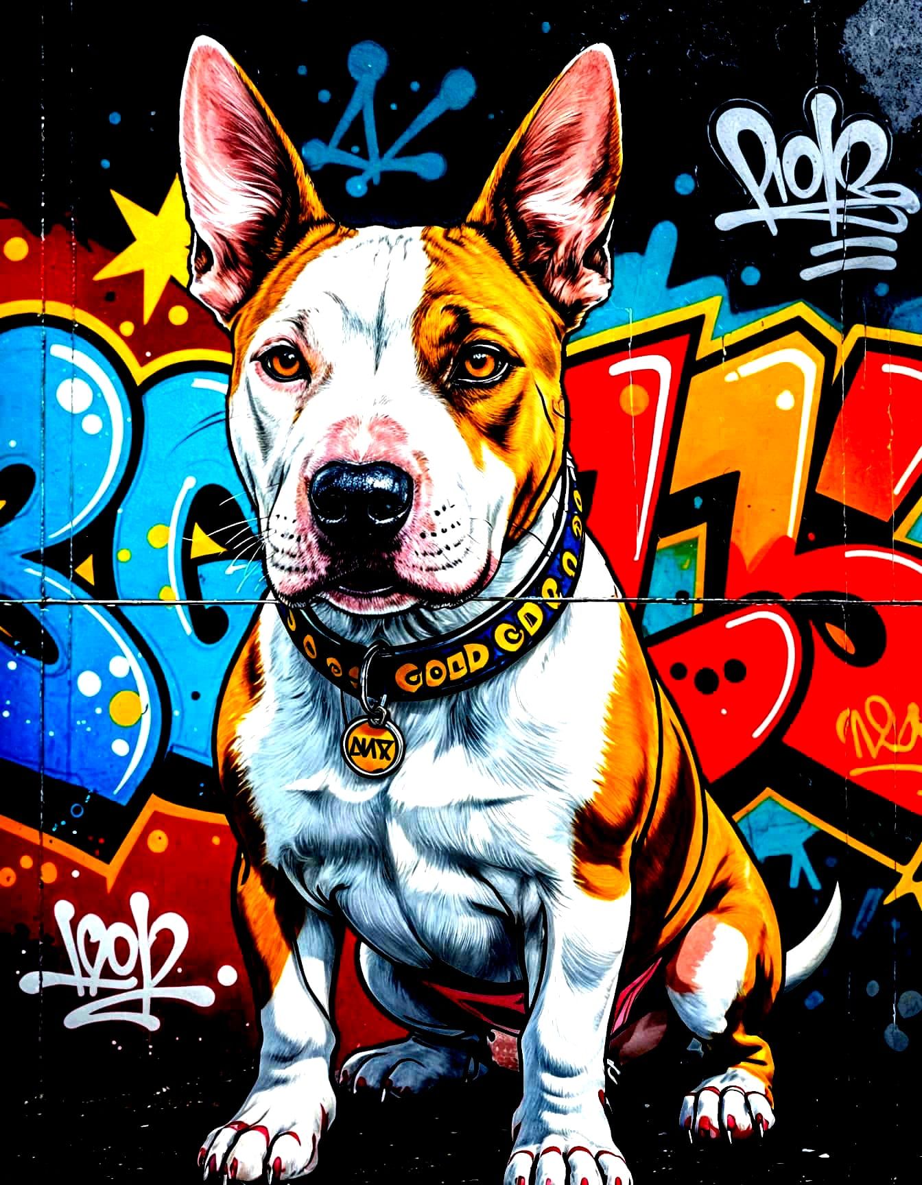 Graffiti Bull Terrier Mural in Energetic Anime Style