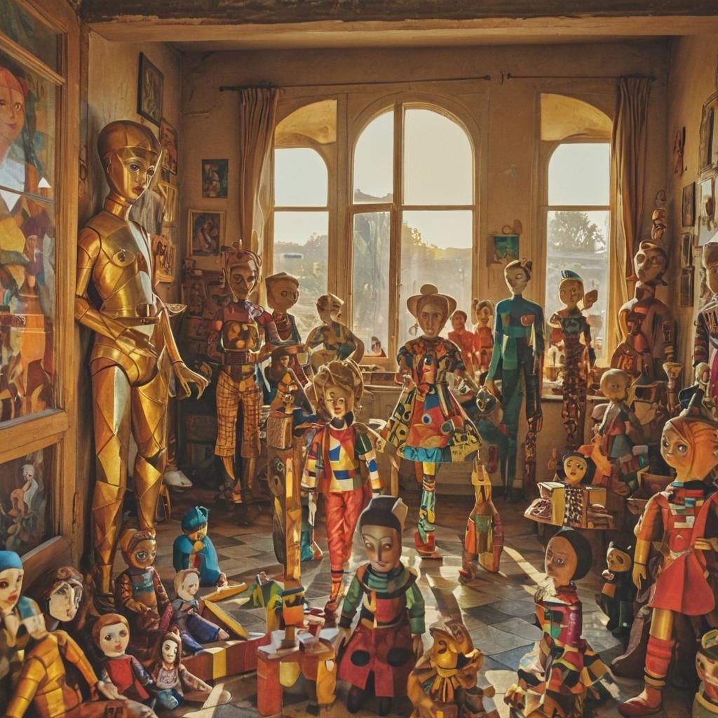 Cubist Surrealist Interior with Oversized Toys