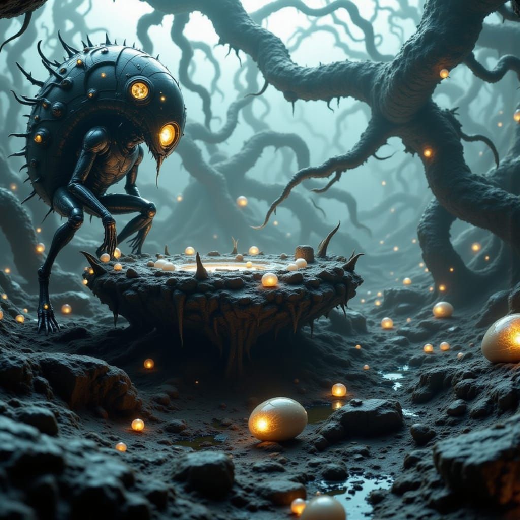 Ethereal Alien Landscape with Twisted Nest and Guardian Crea...