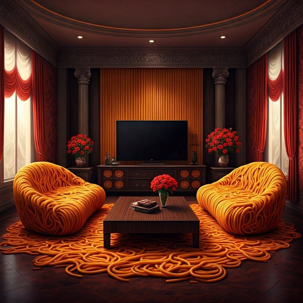 Spaghetti Furniture in Ornate Living Room, Digital Matte Pai...