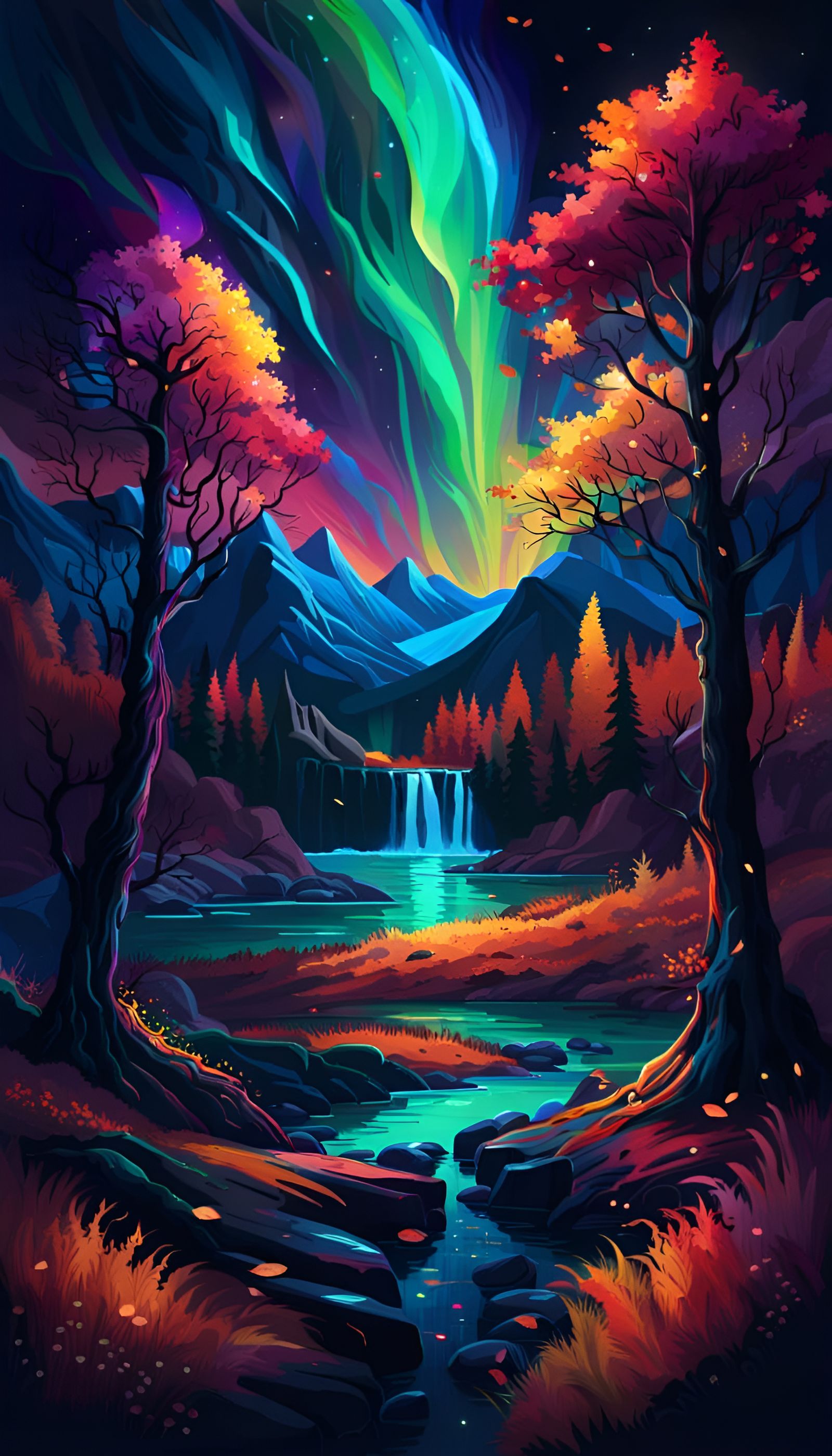 Colorful Fantasy Autumn Night Under Northern Lights