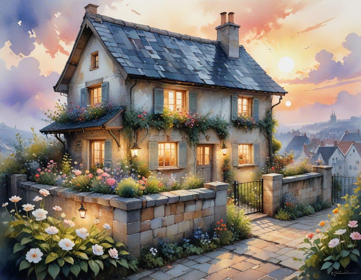 Fairytale Rooftop Garden in Watercolour Style