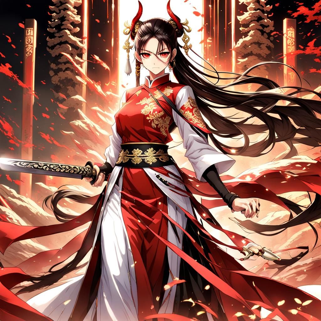 Demon Woman with Sword in Anime Style