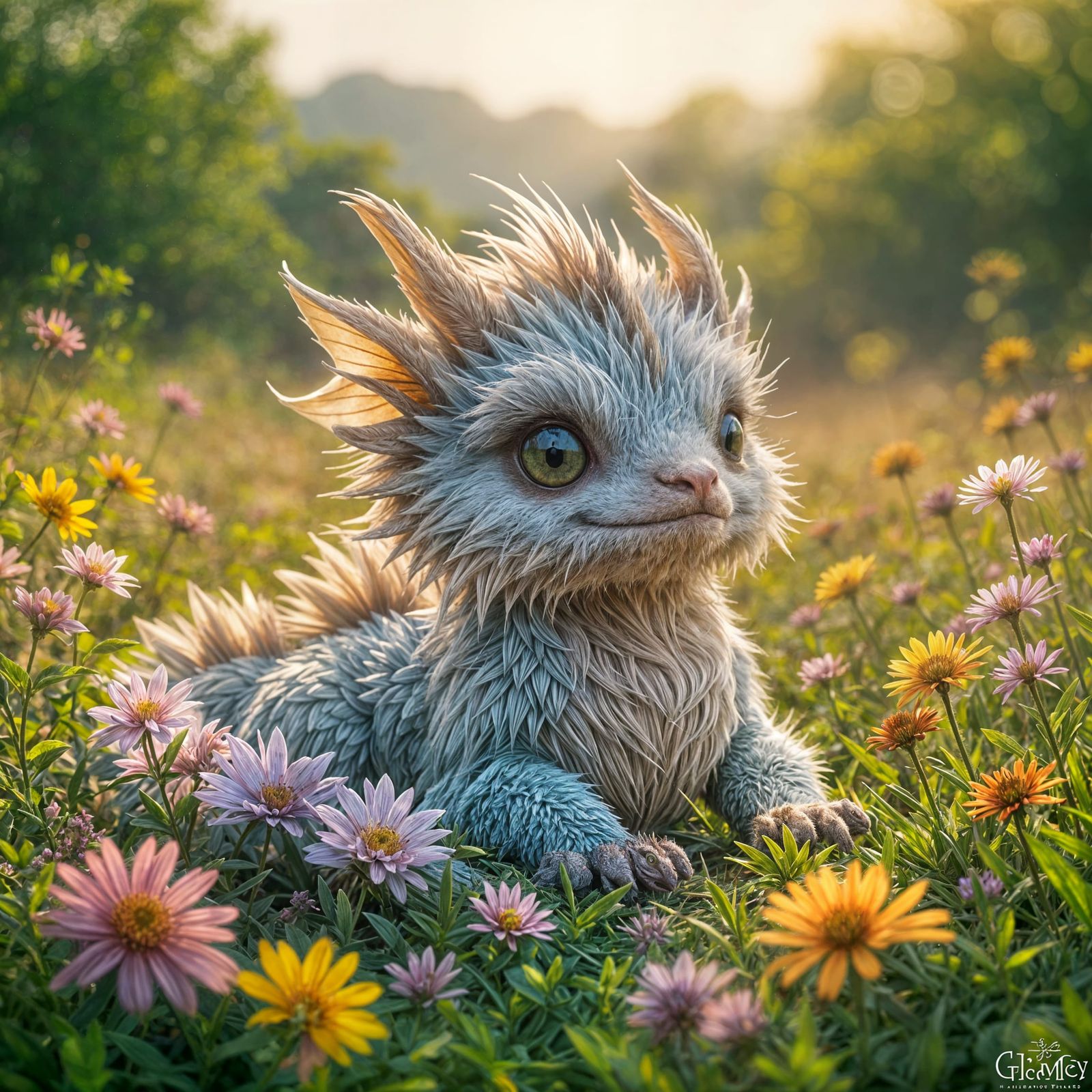 Adorable Fluffy Dragon in Magical Summer Field