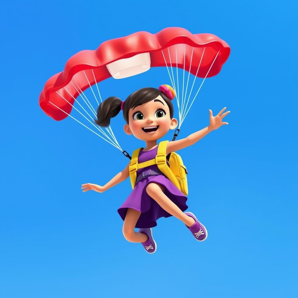 Girl Soaring with Parachute in Vibrant 3D Style