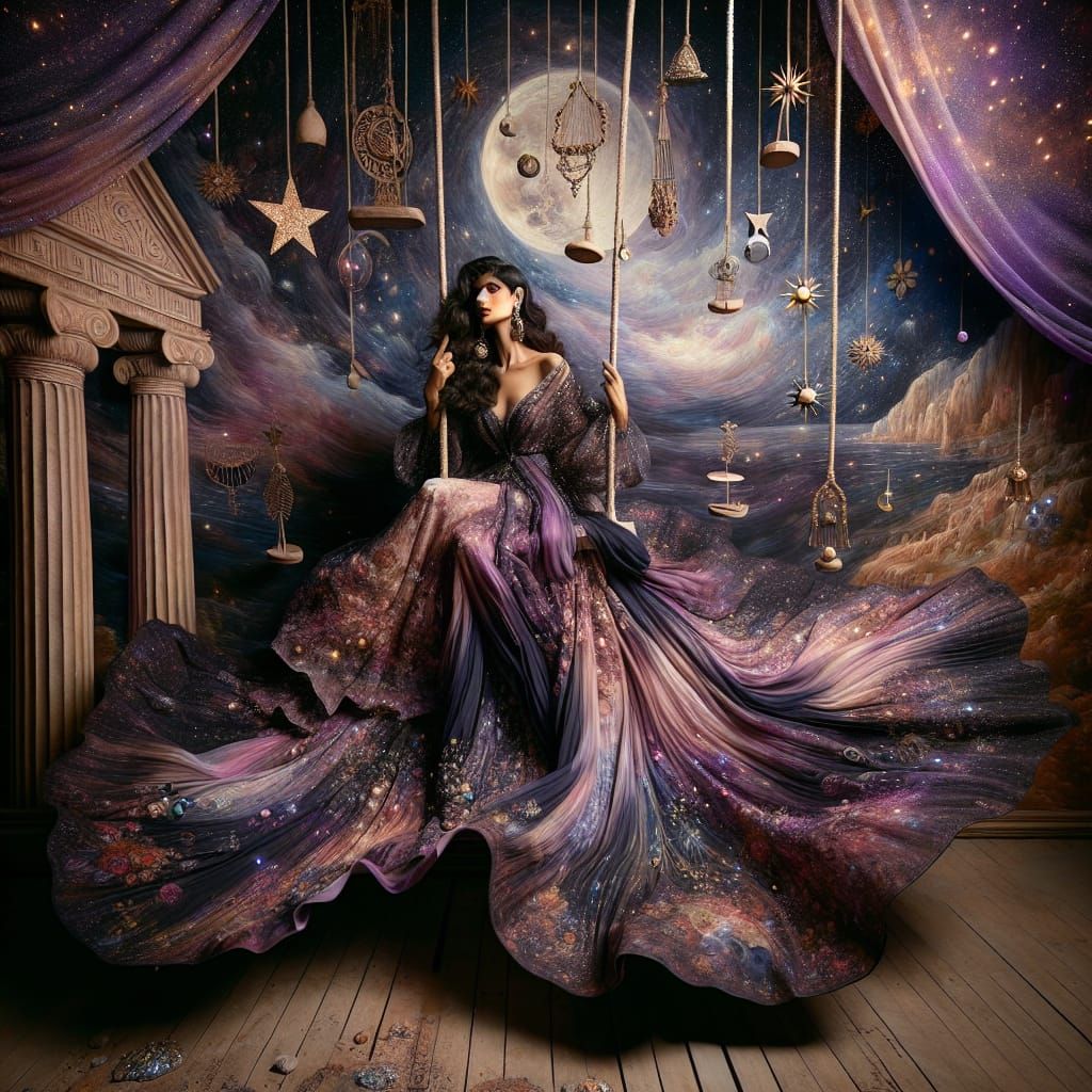 South Asian Woman on Swing in Dreamy Greek Landscape