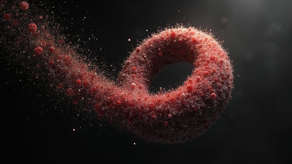 Surreal Torus Particle Cascade in Crimson and Gold