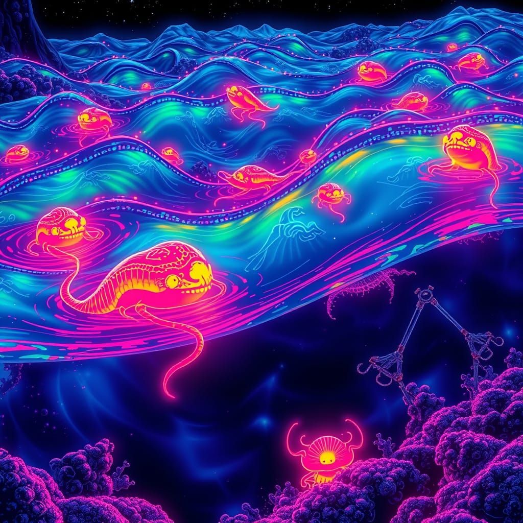 Luminescent Ocean with Neon Creatures: Abstract Pointillism