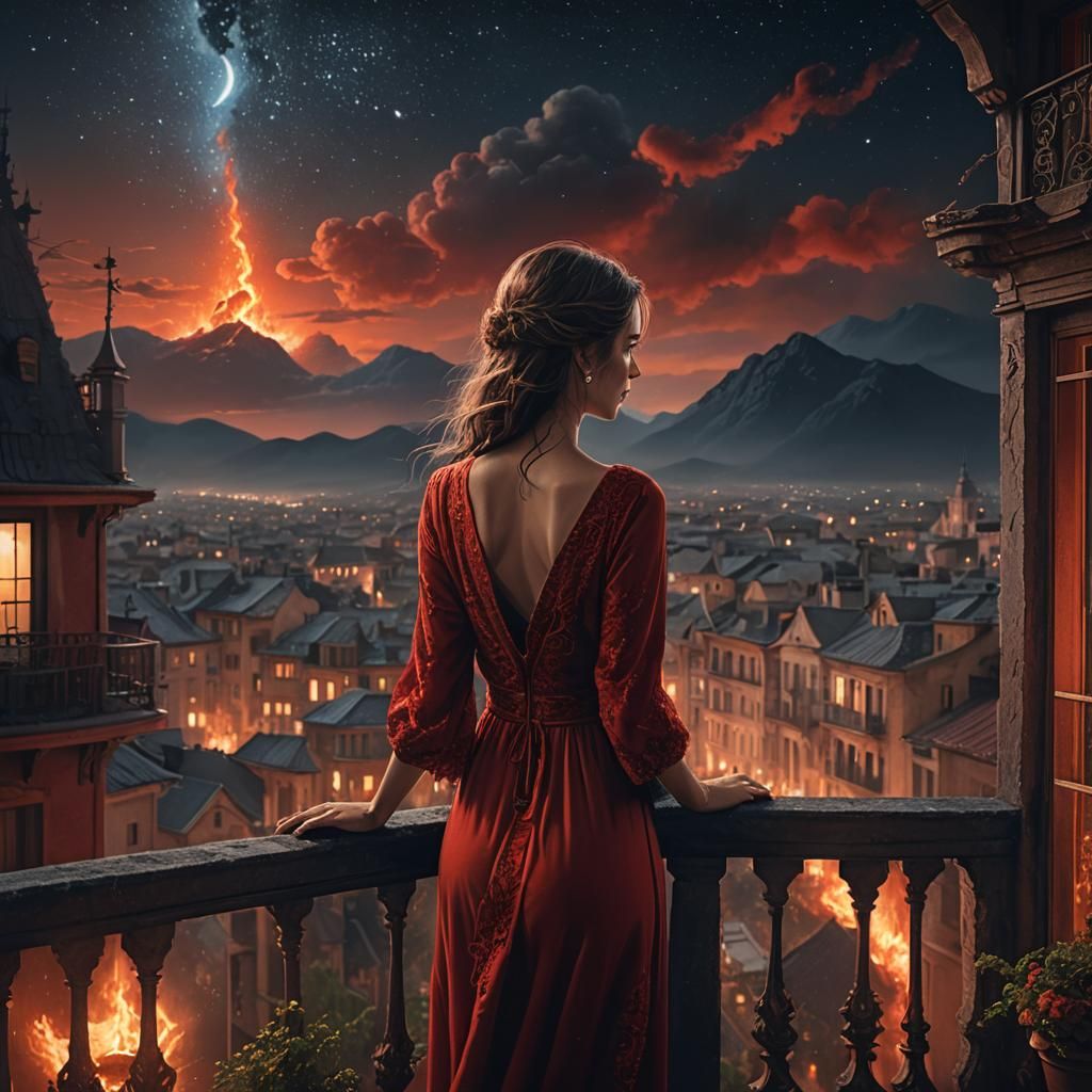 Woman on Balcony Ablaze Under Night Sky