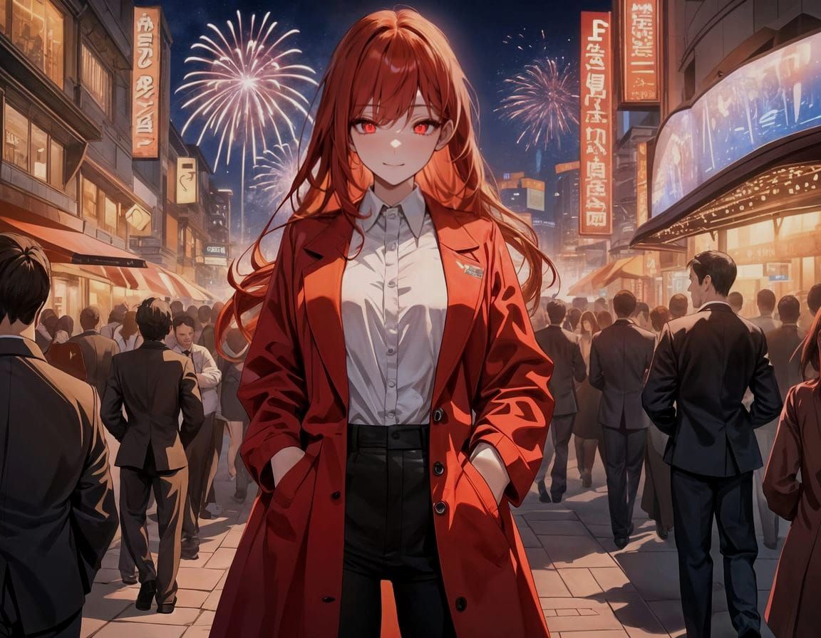 Red-Haired Woman in City Plaza at Night