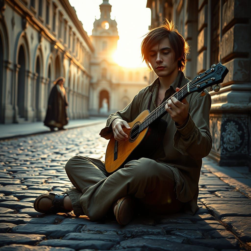 Elegant Street Musician Captivates Regal Figure in Palace Sh...
