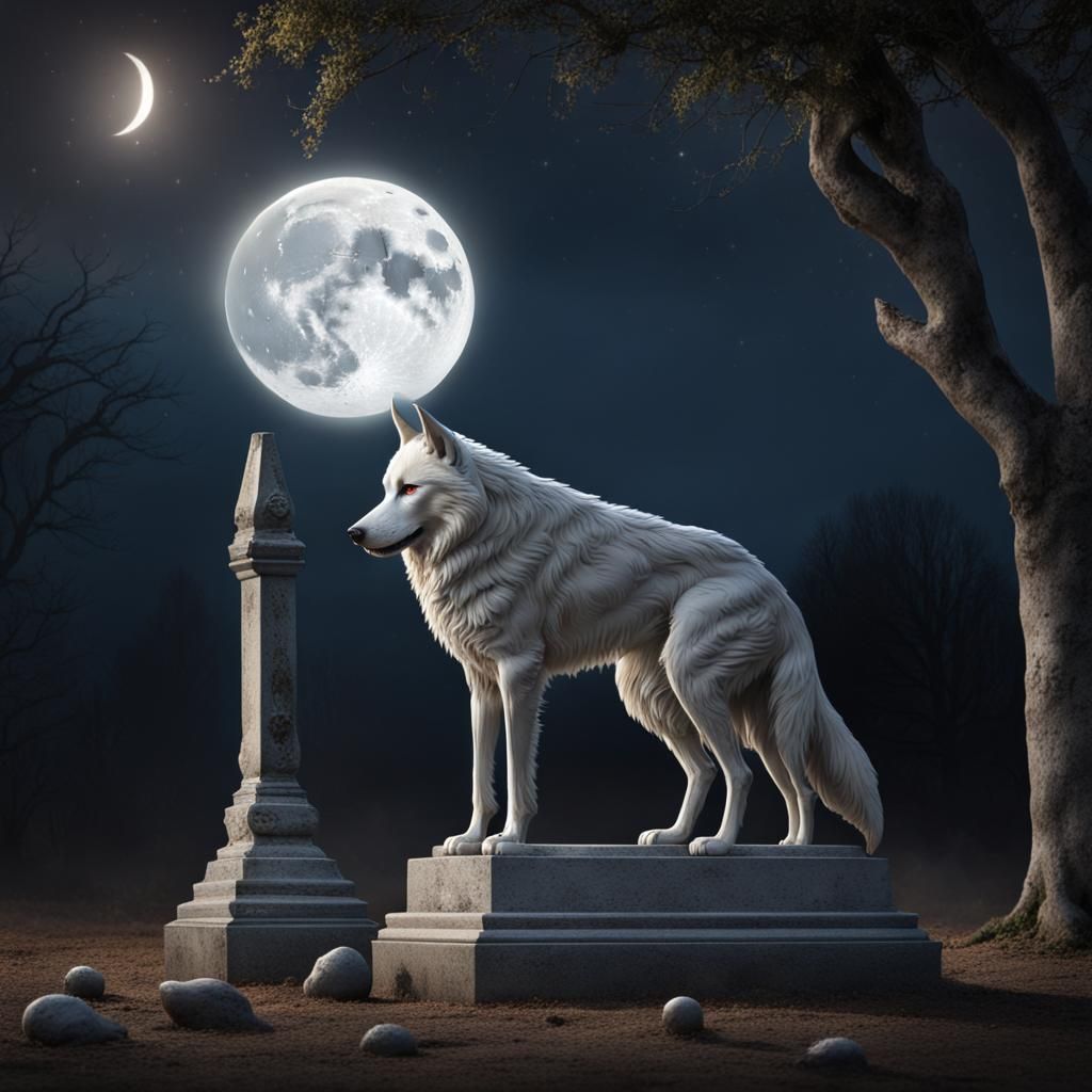 Solitary Wolf Howling at Moon in Cemetery