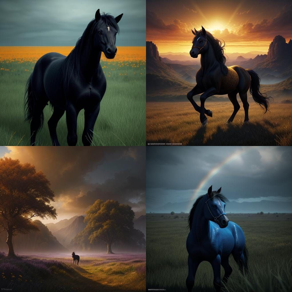 Black Stallion Rearing in Grassy Plains