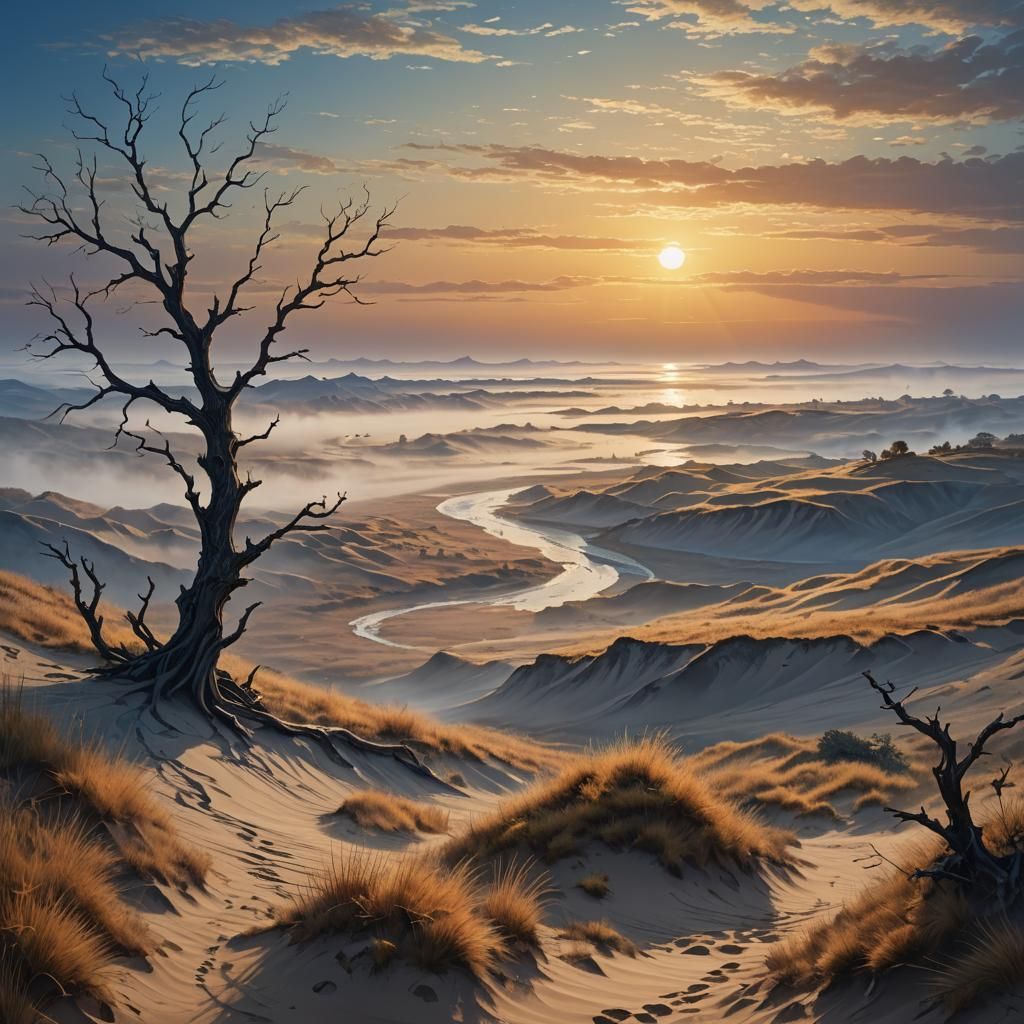 Sunrise Landscape with River and Dunes