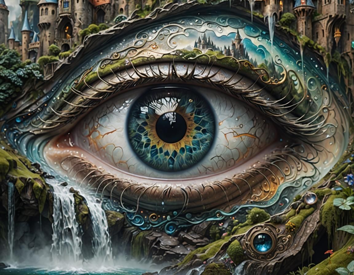 Fantasy Landscape Reflected in Eye, Detailed Photorealism