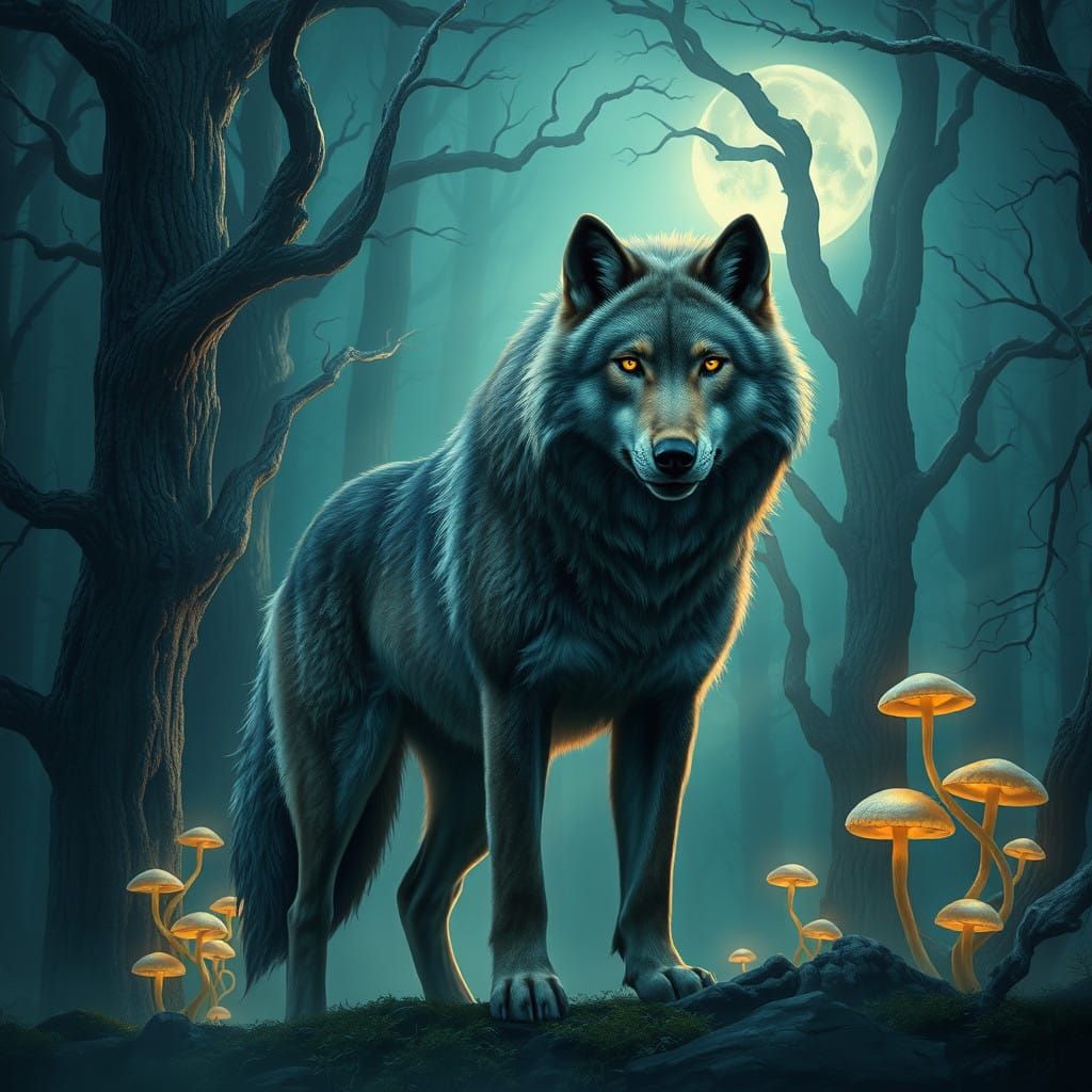 Regal Wolf in Mystical Moonlit Forest