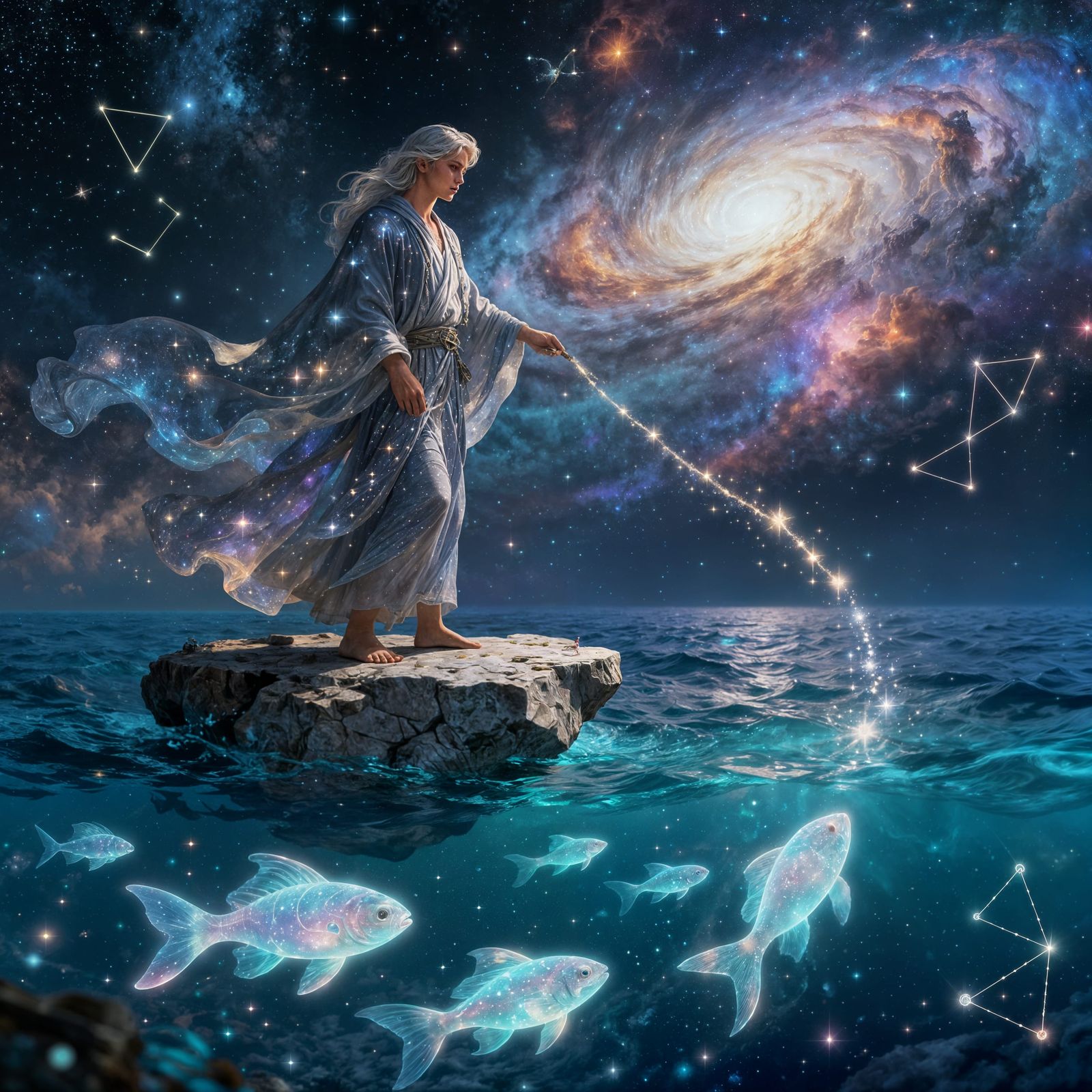 Celestial Fisherman Casting Line into Cosmic Galaxy Sea