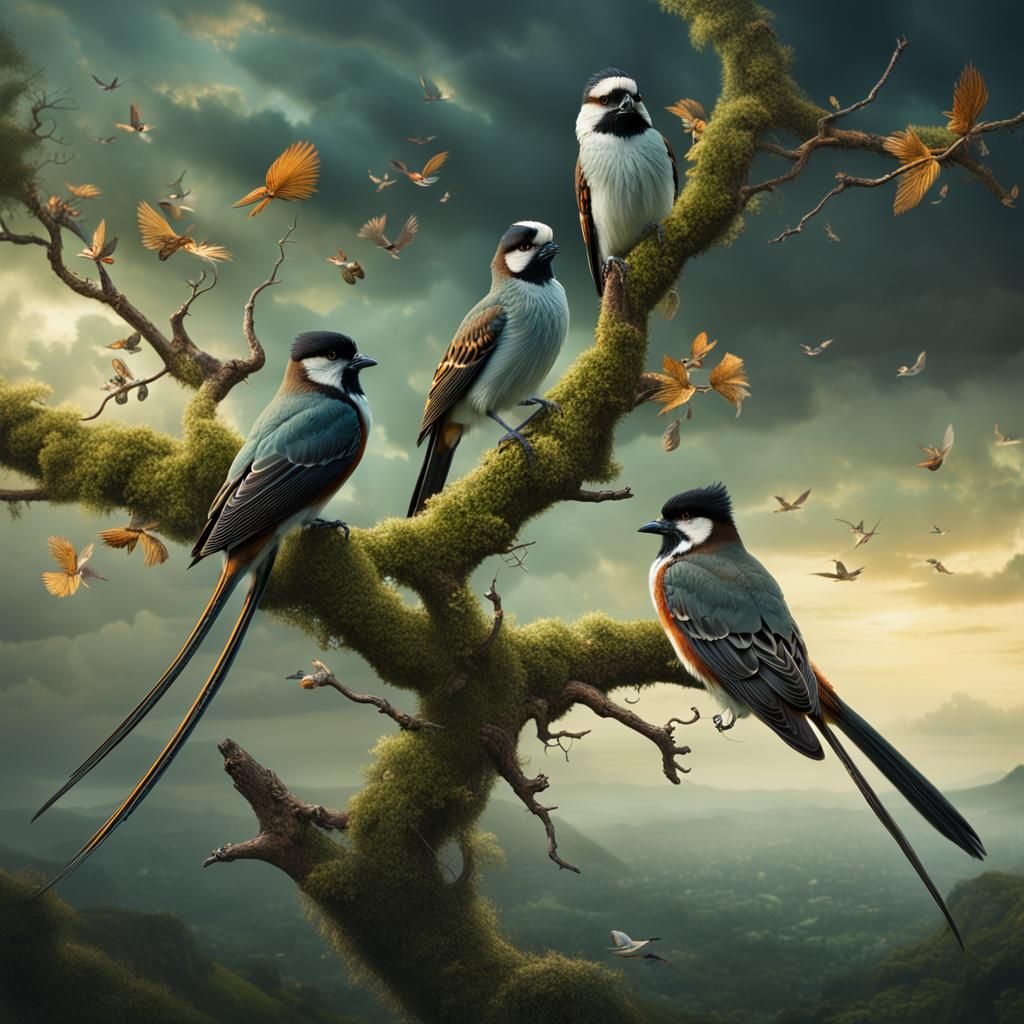 Long-Tailed Birds on Branch: Digital Matte Painting