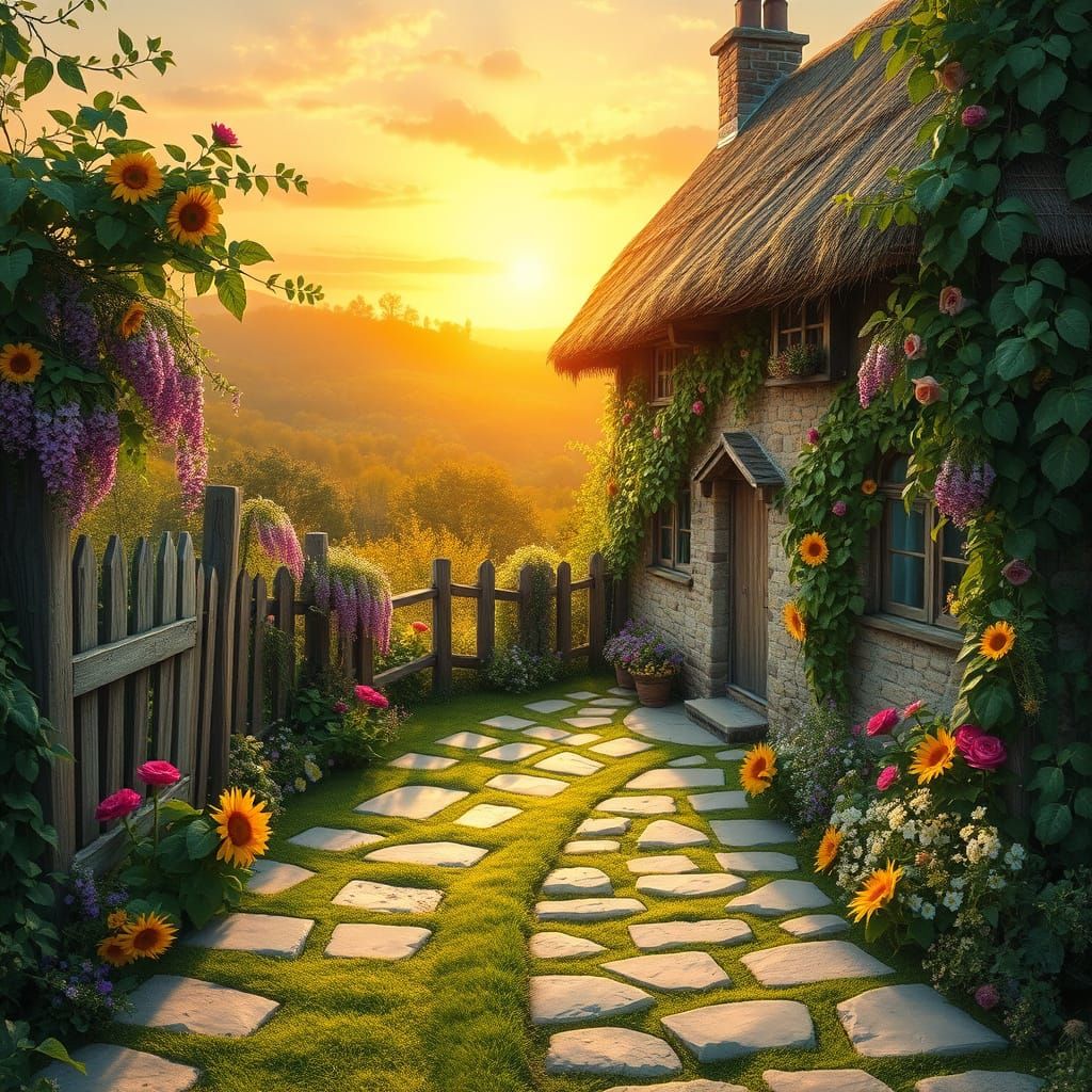 A serene and magical countryside cottage surrounded by vibra...