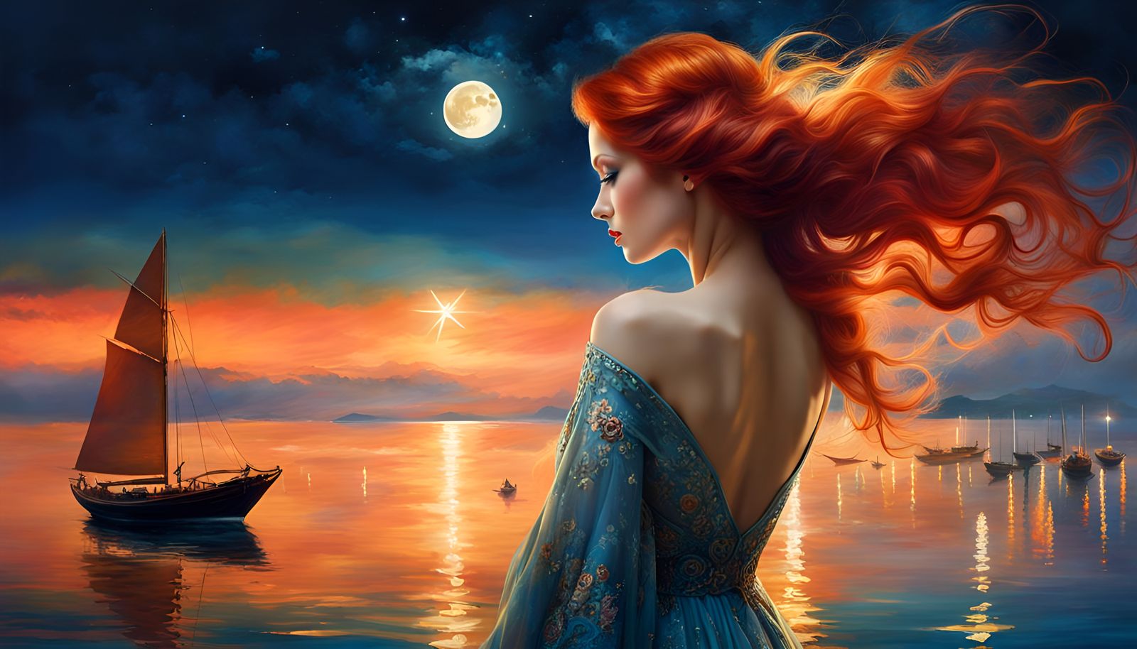 Red Haired Woman in Moonlit Ghibli Landscape