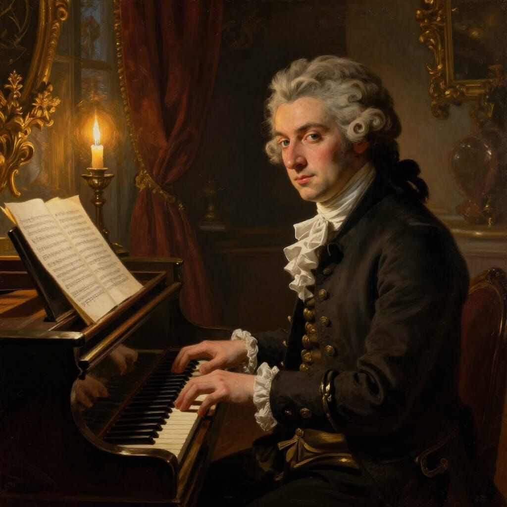 Mozart Composing Music in Candlelit Salon Oil Painting