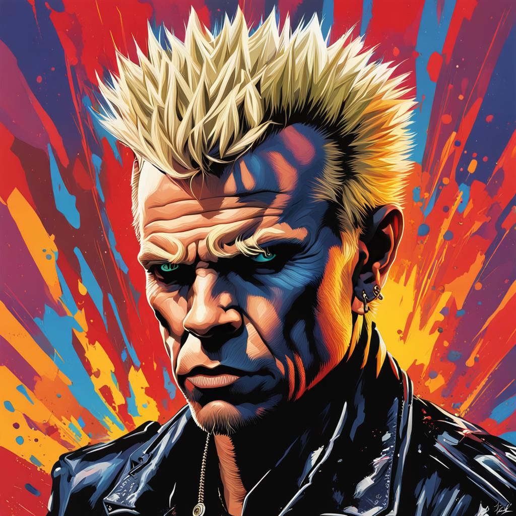 Hyperrealistic Billy Idol Portrait with Colorful Splash Art