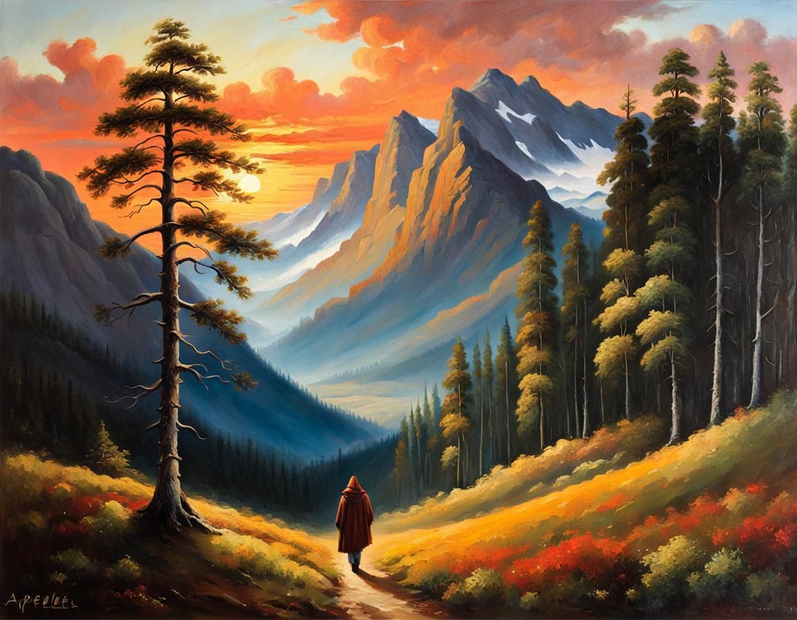 Monastic Figure in Sunset Mountain Oil Painting