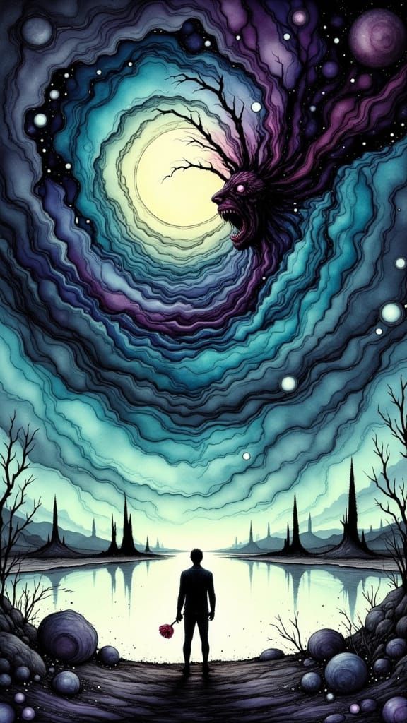 Surreal Shoreline Meeting with Supernatural Being