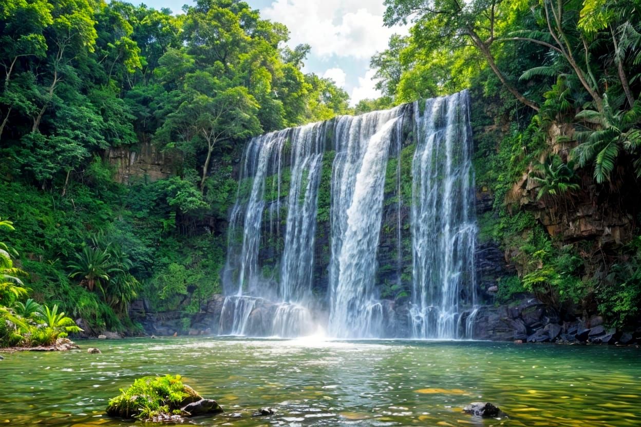Serene Jungle Waterfall with Lush Greenery and Vast View