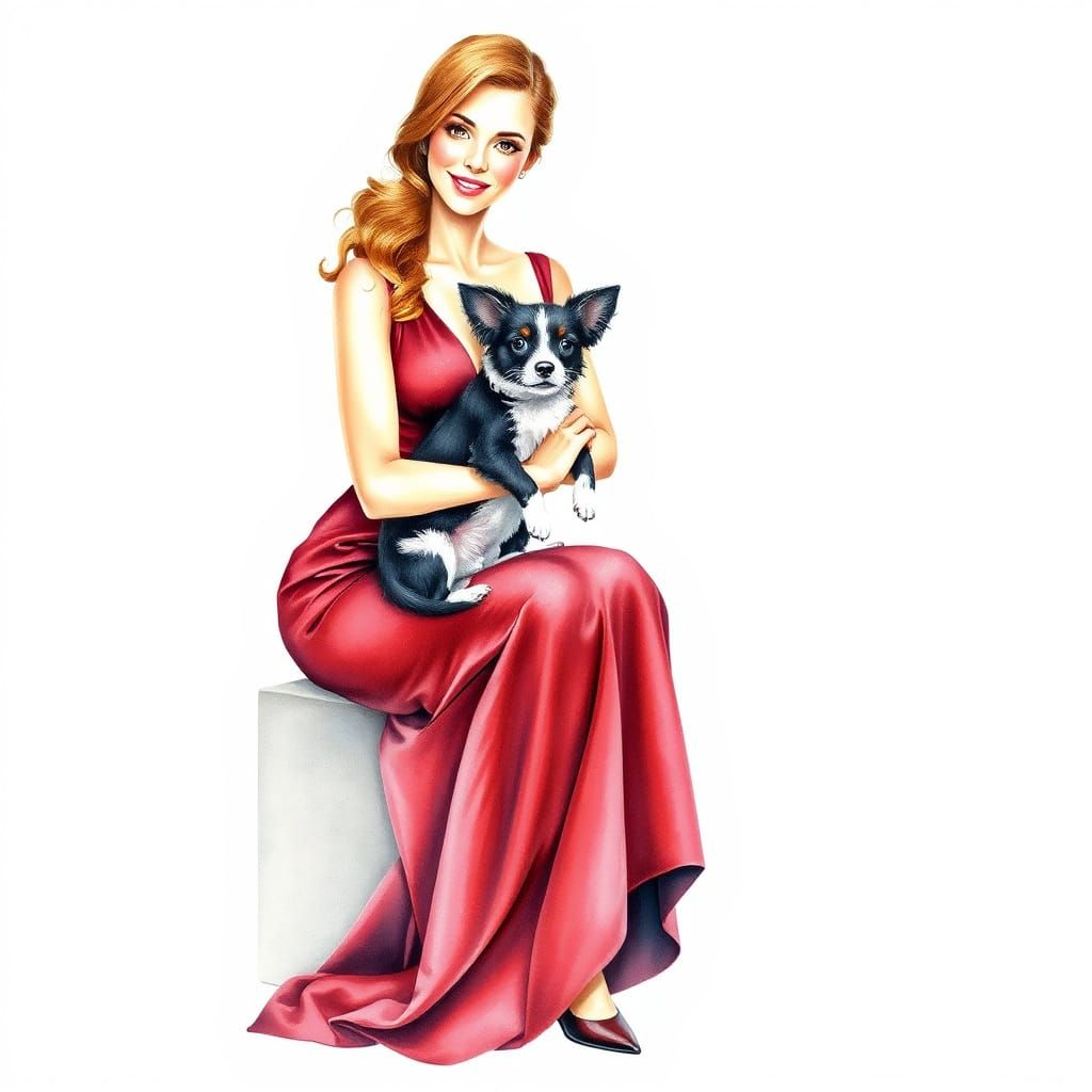 Elegant Woman in Burgundy Gown with Dog, Watercolor Style