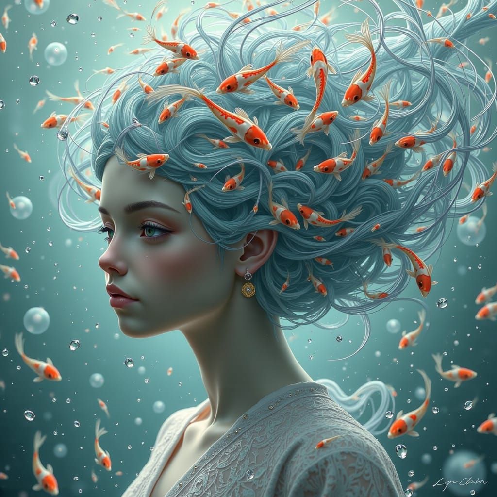 Surreal Water Hair with Koi, Dreamlike Art