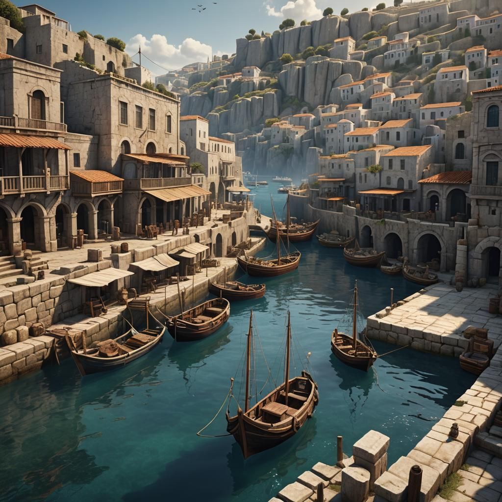 Ancient Greek Harbor City Street Scene