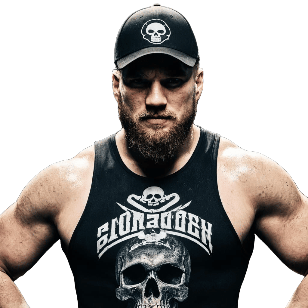 Tough Wrestler in Black with Championship Belt