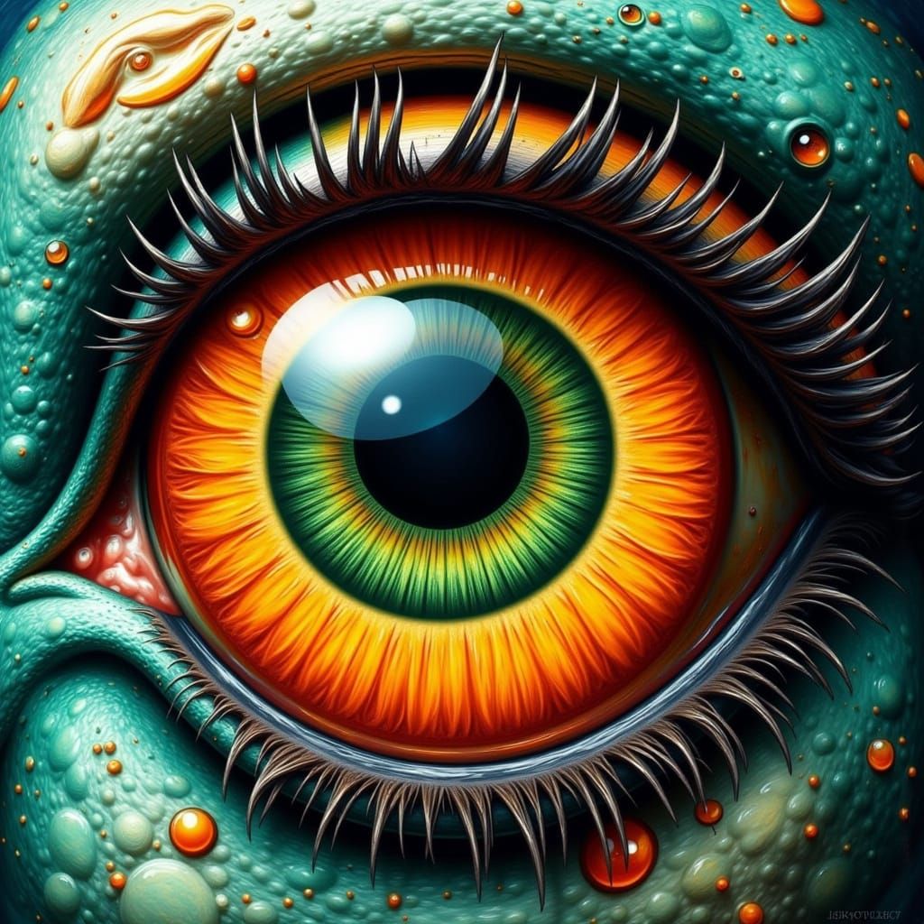 Vibrant Neo-Expressionist Eye with Orange Pupil and Deep Gre...