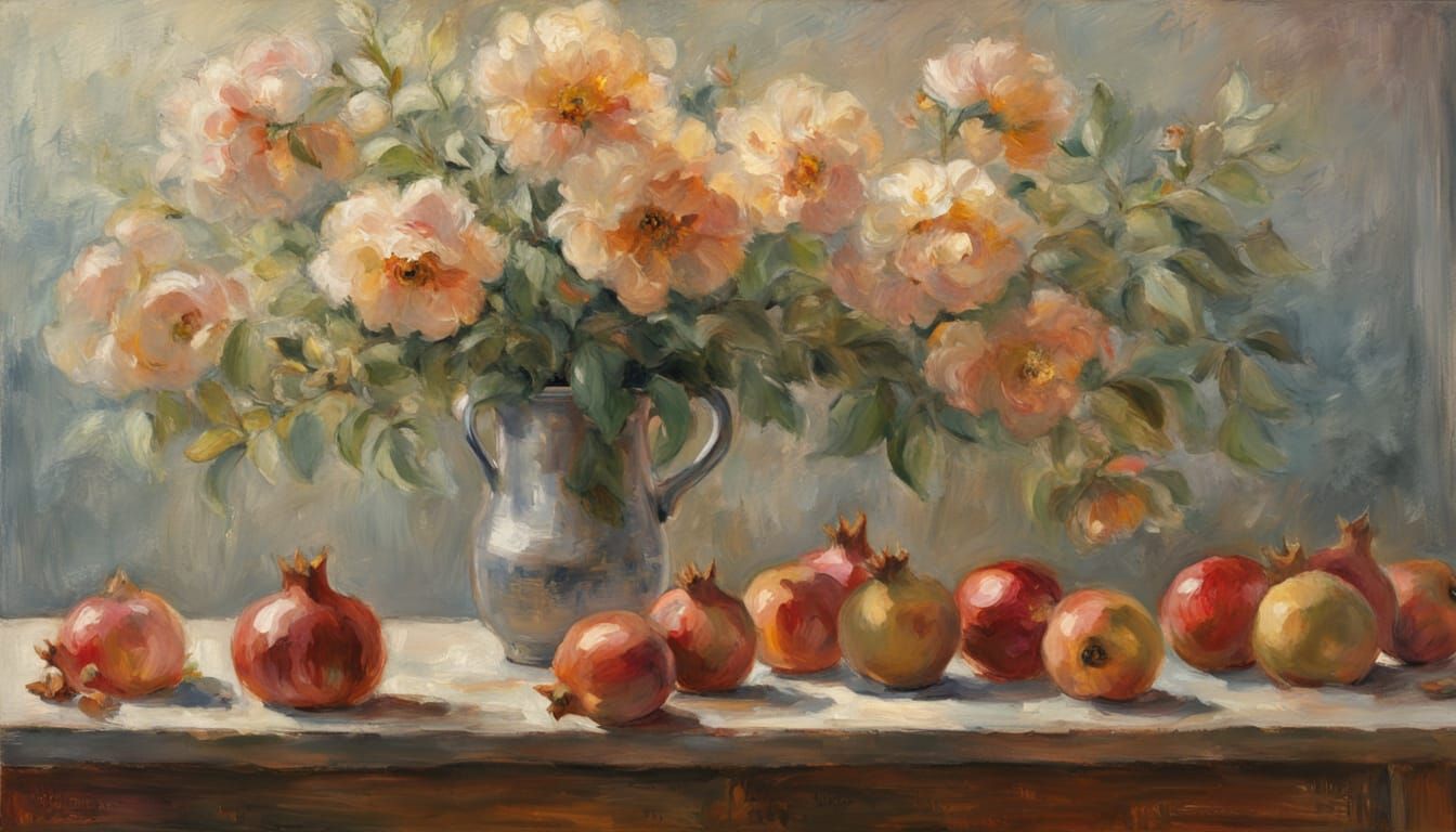 Impressionist Still Life with Flowers and Pomegranates