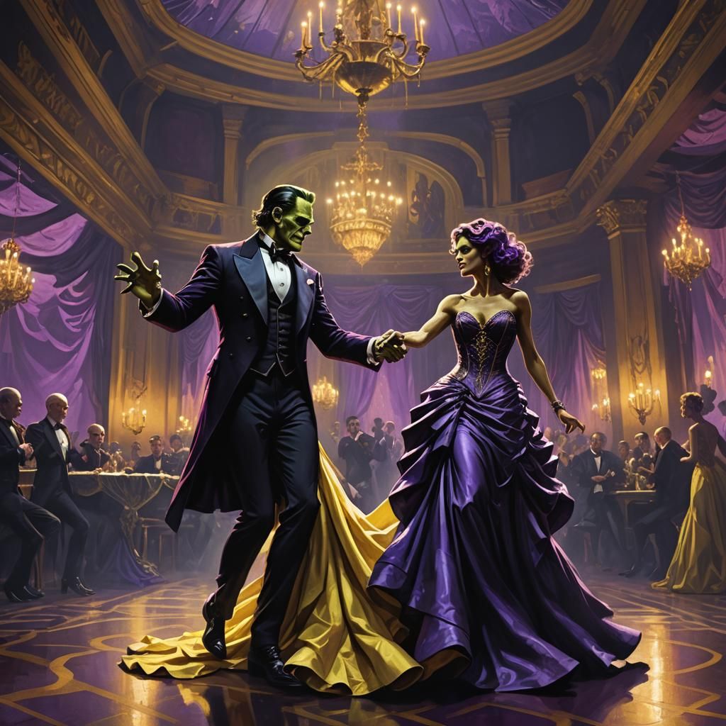Frankenstein and Medusa Ballroom Dance, Dark Fantasy Art